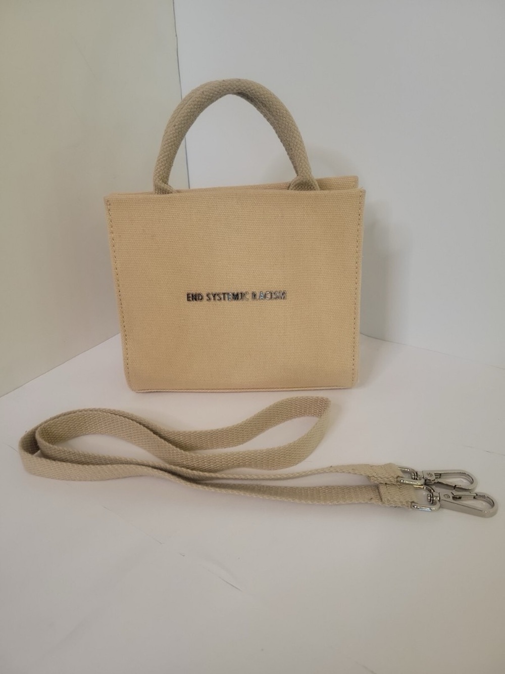 Brandon Blackwood Beige Canvas Mini Tote with Detachable Strap